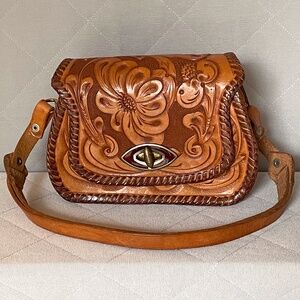 Vintage Hand Tooled Leather Purse - Pre-Owned - Adjustable Shoulder Strap